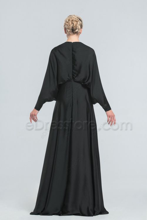 Modest Mormon Black Satin Bridesmaid Dresses Long Sleeves