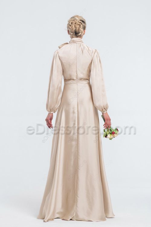 Modest Mormon Champagne Satin Bridesmaid Dresses Long Sleeves