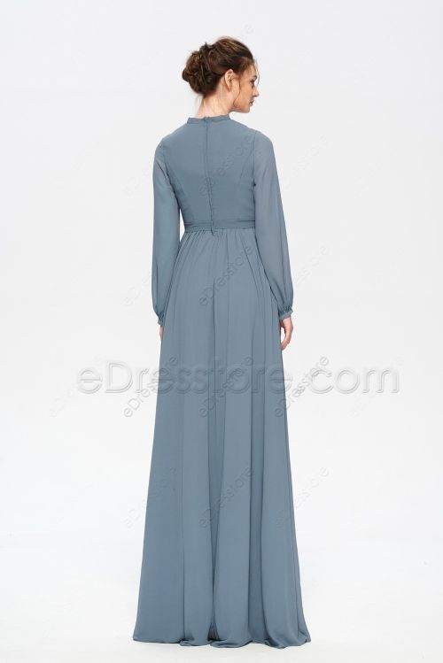 Modest Mormon Dusty Blue Bridesmaid Dresses Long Sleeves