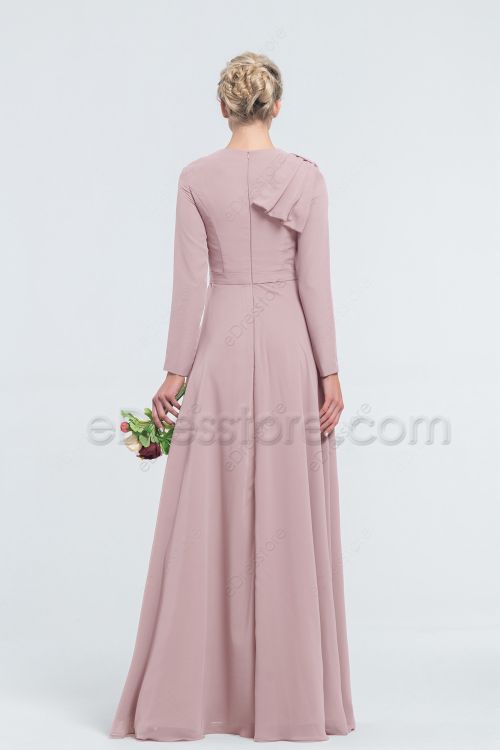 Modest Mormon Dusty Pink Bridesmaid Dresses Long Sleeves