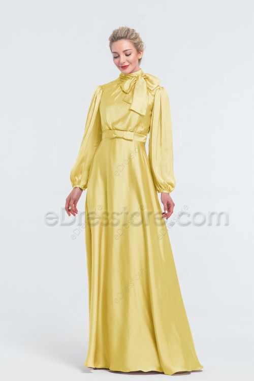 Modest Mormon Light Yellow Satin Bridesmaid Dresses Long Sleeves
