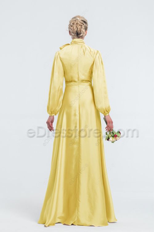 Modest Mormon Light Yellow Satin Bridesmaid Dresses Long Sleeves