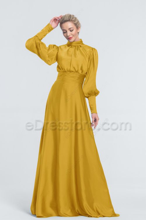 Modest Mormon Mustard Yellow Satin Bridesmaid Dresses Long Sleeves