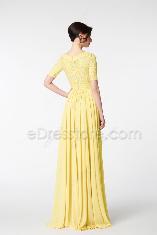 Modest Mormon Pale Yellow Bridesmaid Dresses with Sleeves