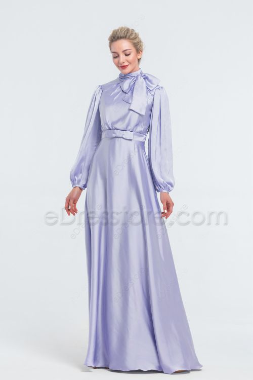 Modest Mormon Periwinkle Satin Bridesmaid Dresses Long Sleeves