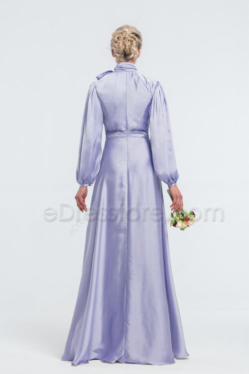 Modest Mormon Periwinkle Satin Bridesmaid Dresses Long Sleeves