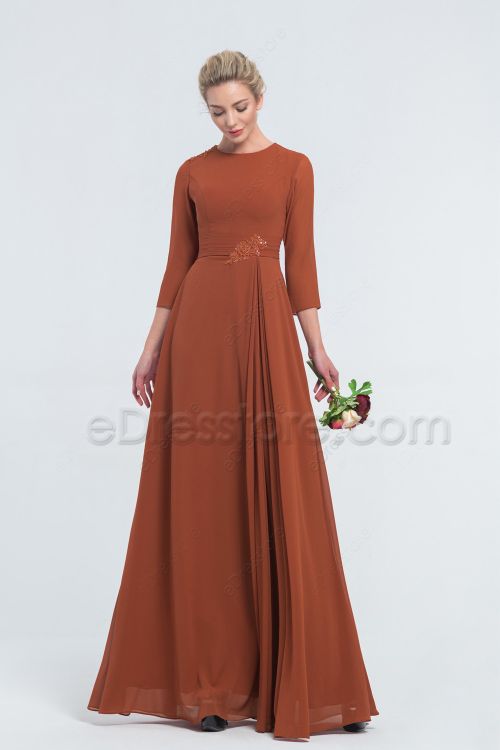 Modest Mormon Rust Color Bridesmaid Dresses with Sleeves