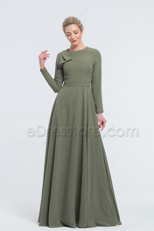 Modest Moss Green Bridesmaid Dresses Long Sleeves