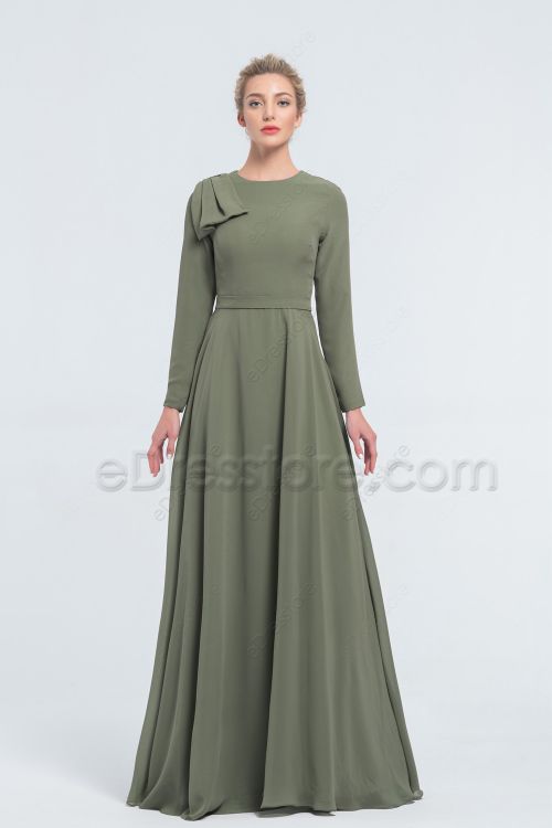Modest Moss Green Bridesmaid Dresses Long Sleeves