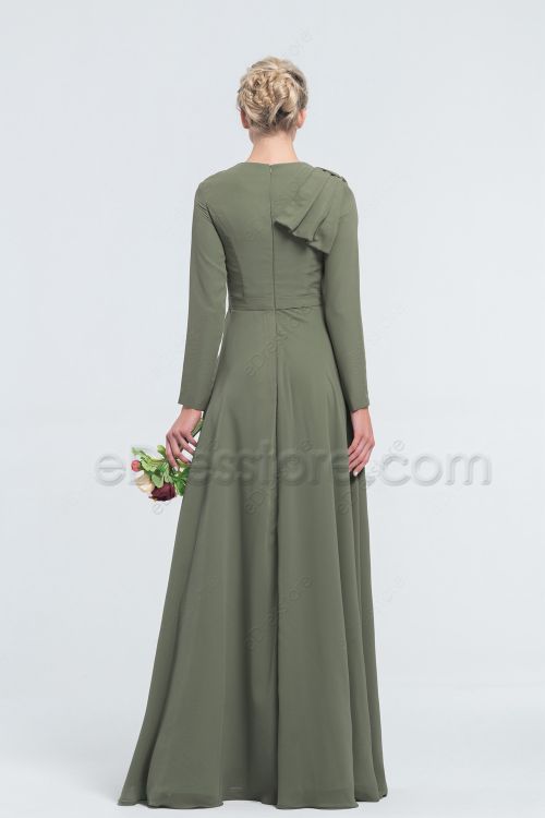 Modest Moss Green Bridesmaid Dresses Long Sleeves