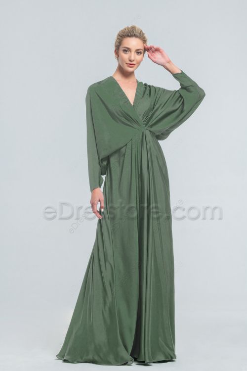 Modest Moss Green Satin Bridesmaid Dresses Long Sleeves