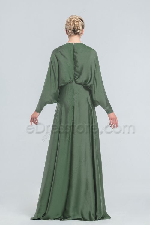 Modest Moss Green Satin Bridesmaid Dresses Long Sleeves