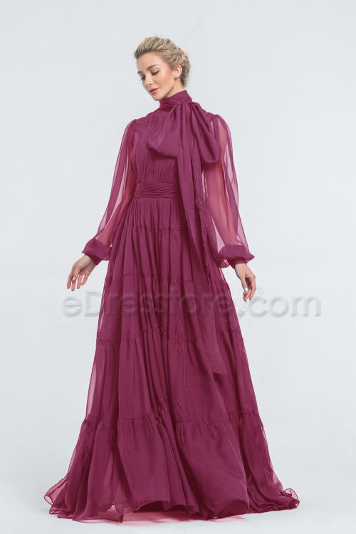 Modest Mulberry Bridesmaid Dresses Long Sleeves