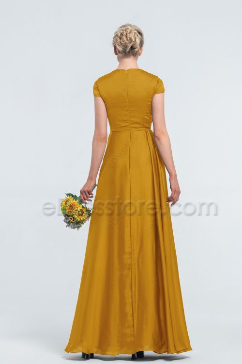 Modest Mustard Yellow Satin Bridesmaid Dresses Cap Sleeves