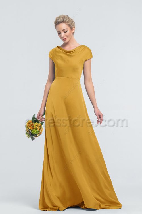 Modest Mustard Yellow Satin Bridesmaid Dresses with Pockets