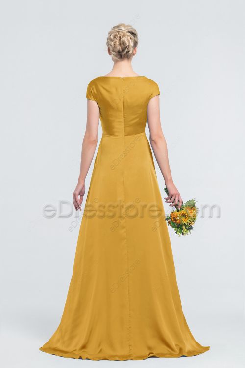 Modest Mustard Yellow Satin Bridesmaid Dresses with Pockets