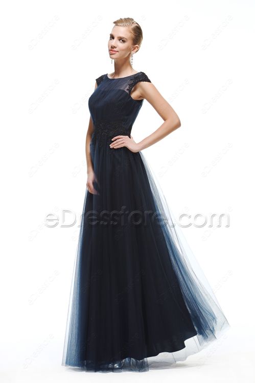 Navy Blue Modest Prom Dresses Long Cap Sleeves