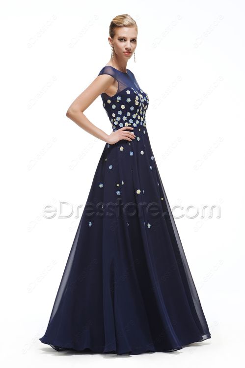 Modest Floral Navy Blue Prom Dresses long Cap Sleeves