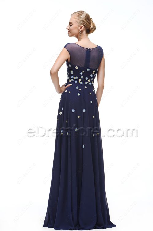 Modest Floral Navy Blue Prom Dresses long Cap Sleeves