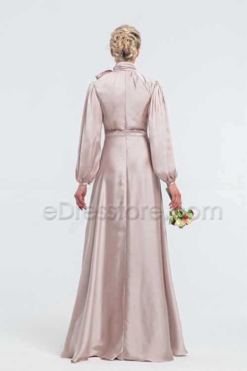 Modest Neutral Satin Bridesmaid Dresses Long Sleeves High Neck