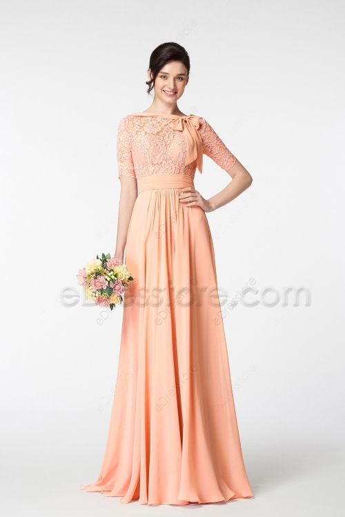 Modest Peach Bridesmaid Dresses Lace Top