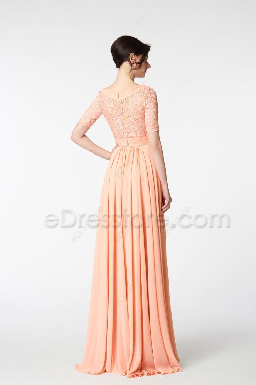 Modest Peach Bridesmaid Dresses Lace Top