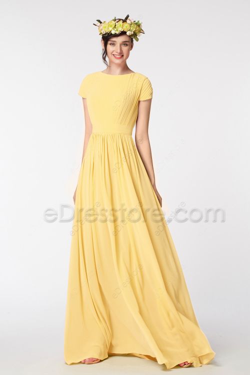 Modest Pleated Unique Pastel Yellow Bridesmaid Dresses