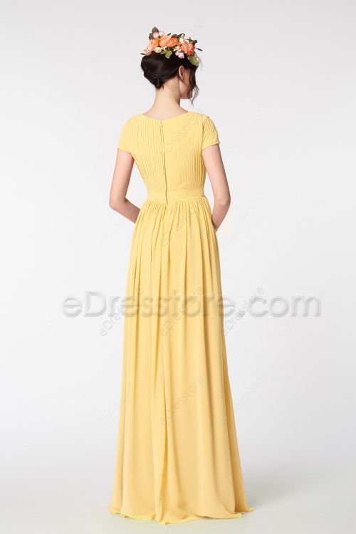 Modest Pleated Unique Pastel Yellow Bridesmaid Dresses