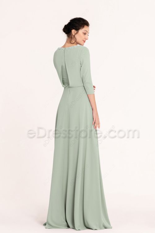 Modest Plus Size Dusty Sage Bridesmaid Dress with Sleeves