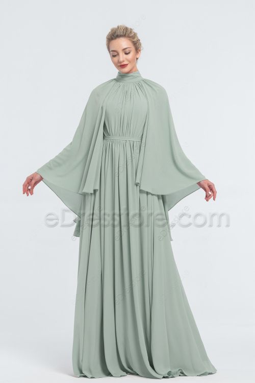 Modest Plus Size Dusty Sage Green Bridesmaid Dresses Long Sleeves
