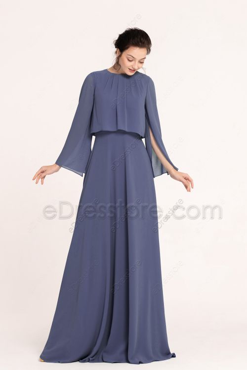 Modest Plus Size Slate Blue Bridesmaid Dresses Long Sleeves