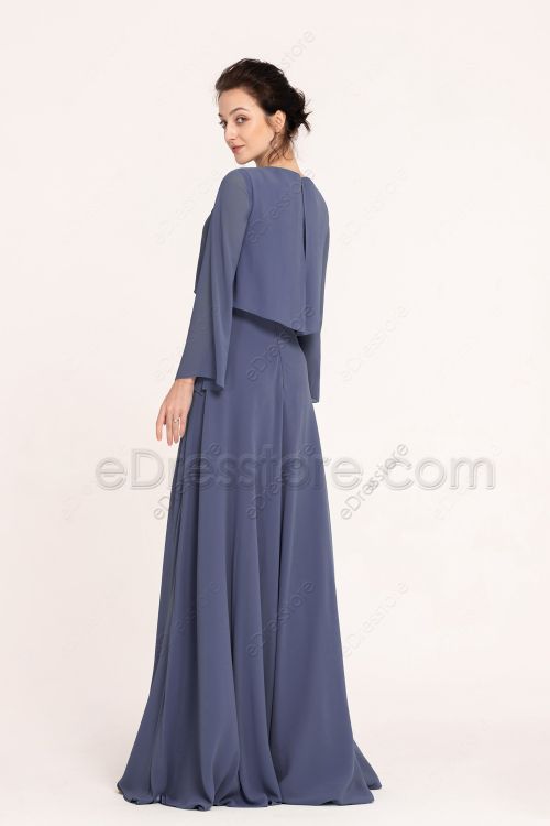 Modest Plus Size Slate Blue Bridesmaid Dresses Long Sleeves