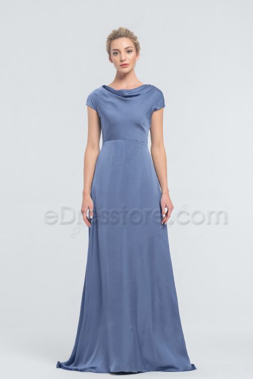 Modest Plus Size Steel Blue Satin Bridesmaid Dresses with Pockets