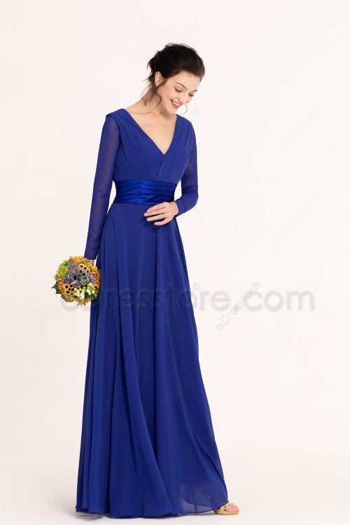 Modest Royal Blue Bridesmaid Dresses Long Sleeves