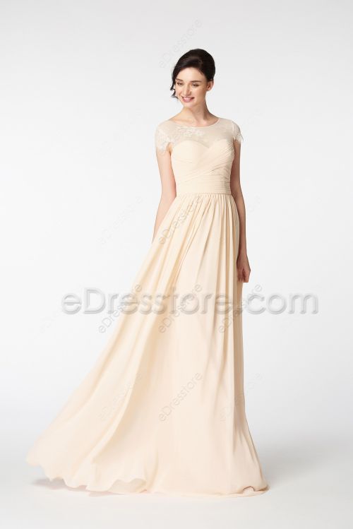 Modest Ruched Champagne Colored Bridesmaid Dresses Lace Cap Sleeves