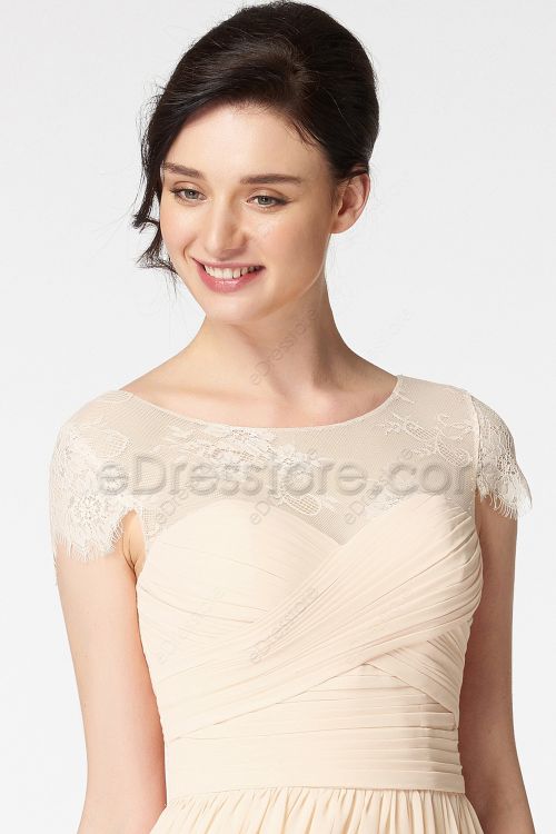 Modest Ruched Champagne Colored Bridesmaid Dresses Lace Cap Sleeves