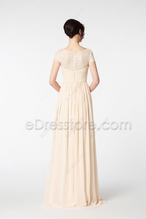 Modest Ruched Champagne Colored Bridesmaid Dresses Lace Cap Sleeves