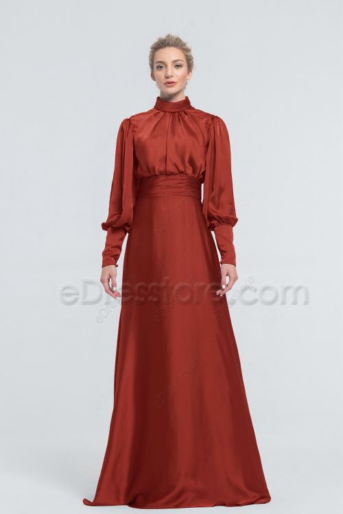 Modest Rust Colored Satin Bridesmaid Dresses Long Sleeves