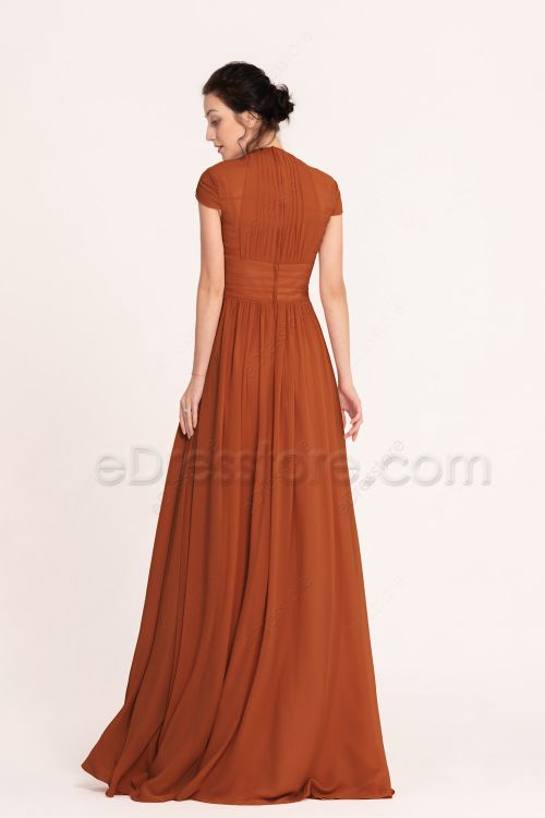 Modest Rust Orange Bridesmaid Dresses Cap Sleeves