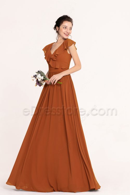 Modest Rust Orange Bridesmaid Dresses Flounce Cap Sleeves
