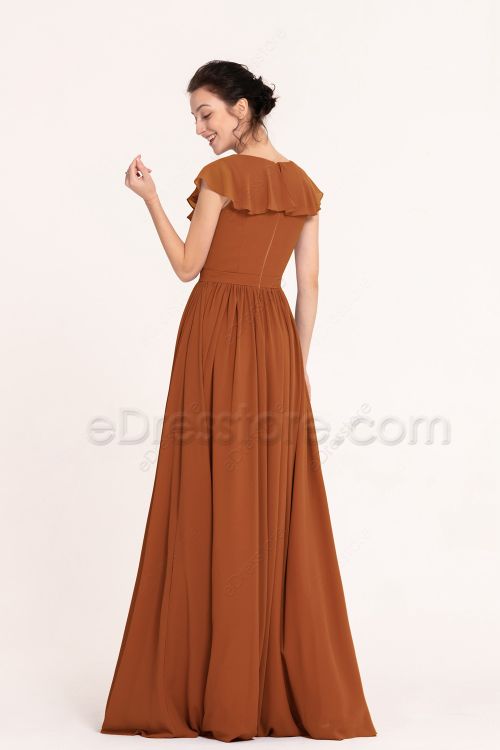 Modest Rust Orange Bridesmaid Dresses Flounce Cap Sleeves