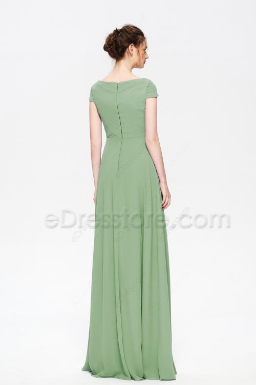 Modest Sage Green Cowl Neck Bridesmaid Dresses