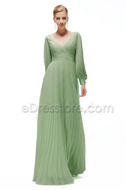 Modest Sage Green Overall Pleating Bridesmaid Dresses Long Sleeves