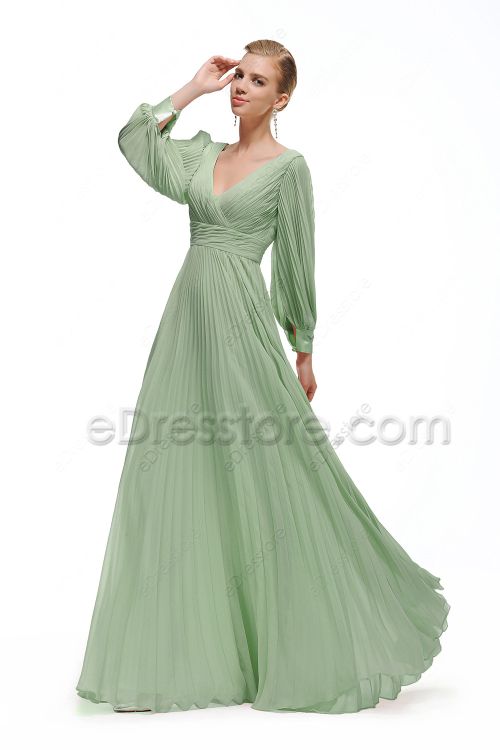 Modest Sage Green Overall Pleating Bridesmaid Dresses Long Sleeves