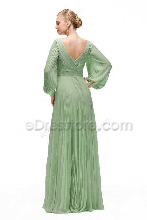 Modest Sage Green Overall Pleating Bridesmaid Dresses Long Sleeves