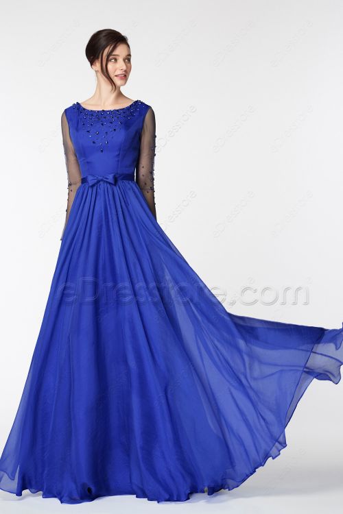 Modest Sapphire Blue Jewel Tone Bridesmaid Dresses Long Sleeves
