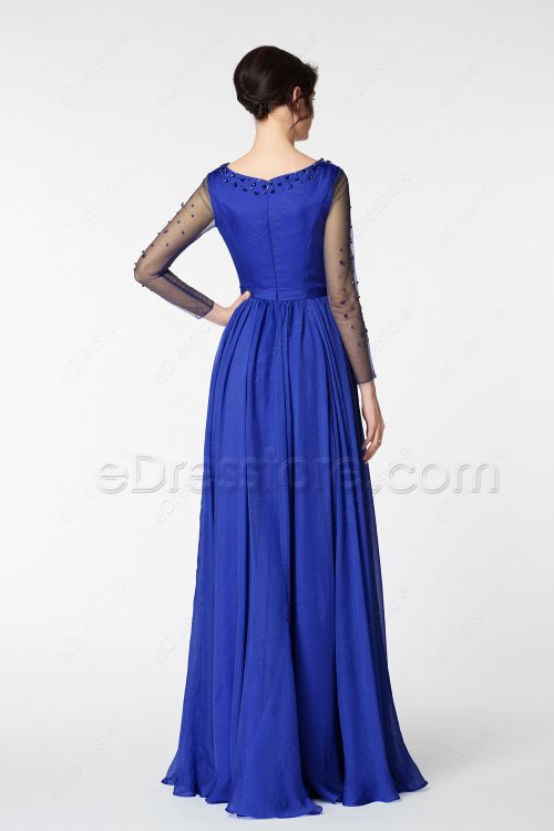 Modest Sapphire Blue Jewel Tone Bridesmaid Dresses Long Sleeves