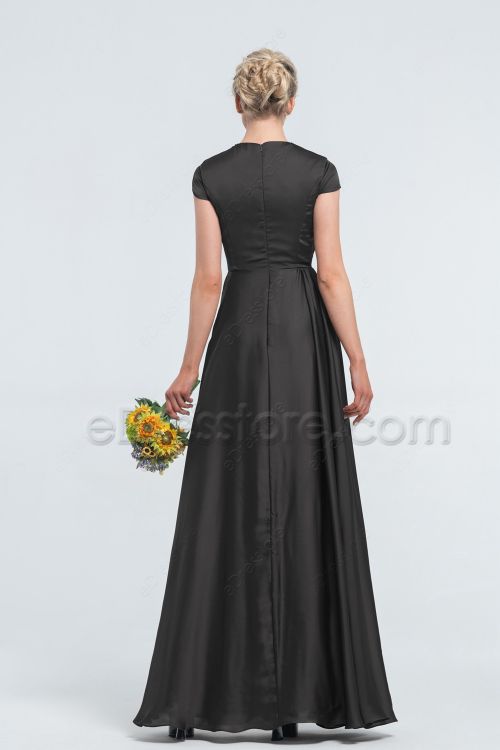 Modest Satin Black Bridesmaid Dresses Cap Sleeves