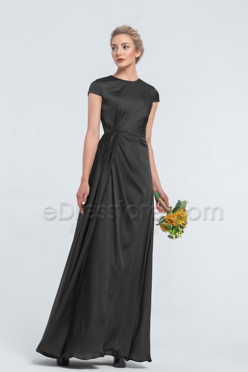 Modest Satin Black Bridesmaid Dresses Cap Sleeves