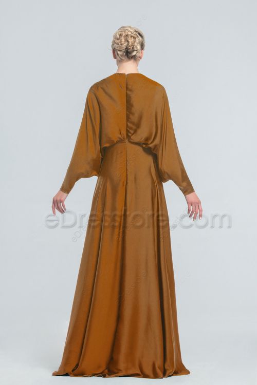 Modest Satin Copper Bridesmaid Dresses Long Sleeves